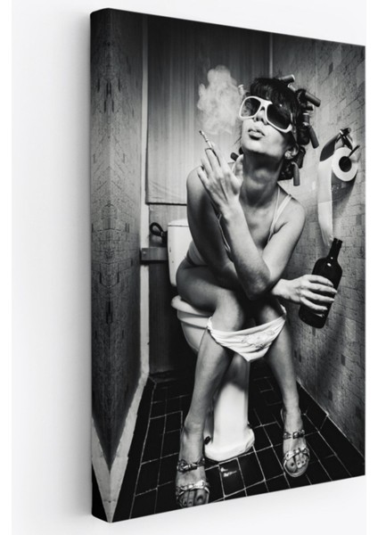 Tuvalette Içki ve Sigara Içen Kadın Dekoratif Kanvas Tablo, Duvar Dekoru 5105