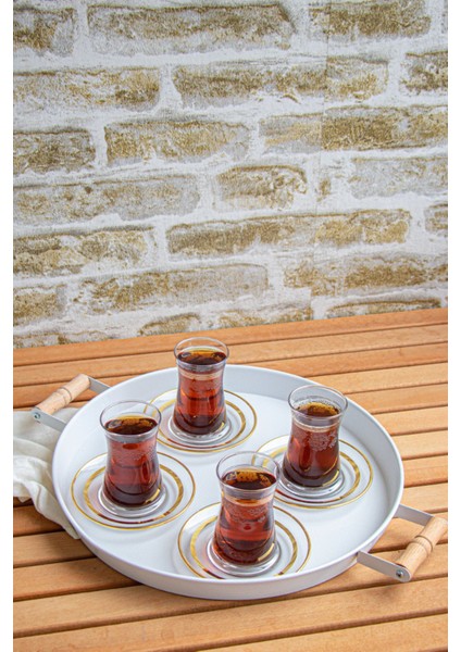 30 cm Ahşap Kulplu Metal Tepsi Beyaz Sunum ve Çay Keyfi Için Şık Tasarım