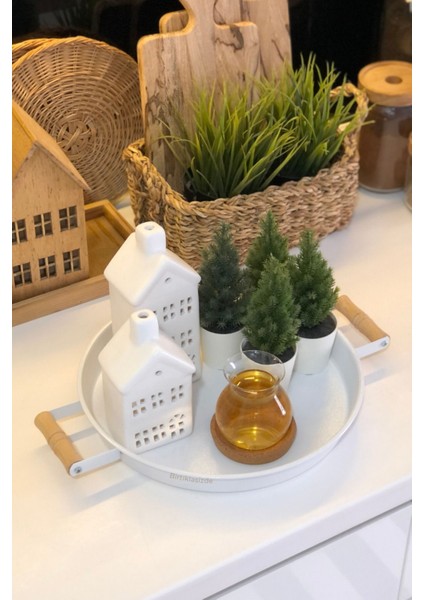 30 cm Ahşap Kulplu Metal Tepsi Beyaz Sunum ve Çay Keyfi Için Şık Tasarım modelleri