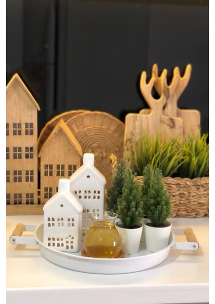 30 cm Ahşap Kulplu Metal Tepsi Beyaz Sunum ve Çay Keyfi Için Şık Tasarım fırsatları