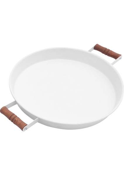 30 cm Ahşap Kulplu Metal Tepsi Beyaz Sunum ve Çay Keyfi Için Şık Tasarım