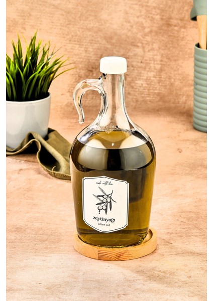 Ahşap Standlı 1500 ml Zeytinyağı Şişesi ve Yağlık, 1.5 Litre, Beyaz