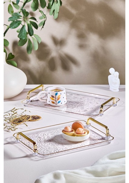 2’li Altın Yaldızlı Şeffaf Dekoratif Tepsi Seti, Ev ve Mutfak Şıklığı Için.
