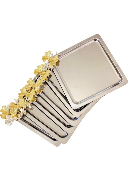 6'lı Lüx Gümüş Kare Sunum Tepsisi, Kelebek Aksesuar, Paslanmaz Çelik, Dekoratif