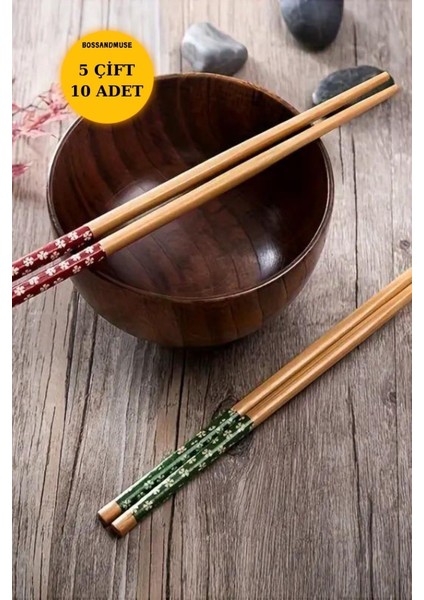 Çiçek Desenli Bambu Yemek Çubukları, 5 Çift, 10 Adet, Kahverengi