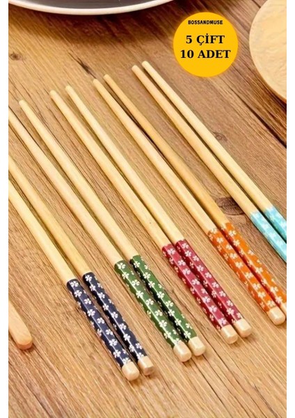 Çiçek Desenli Bambu Yemek Çubukları, 5 Çift, 10 Adet, Kahverengi fiyatları