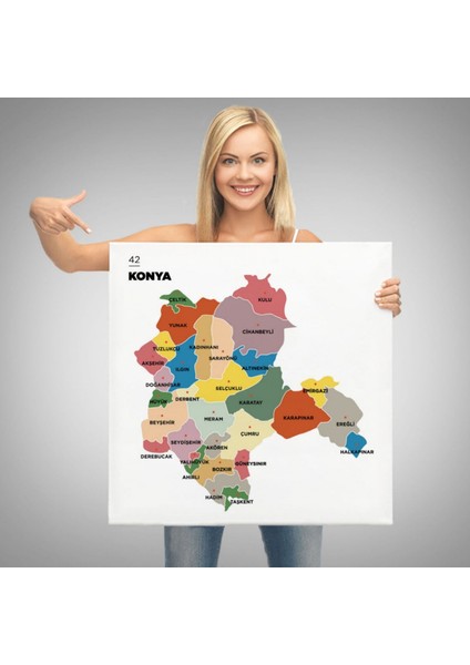 Il ve Ilçeler Haritası Konya, Modern Dekoratif Kanvas Tablo, Duvar Dekoru 1404