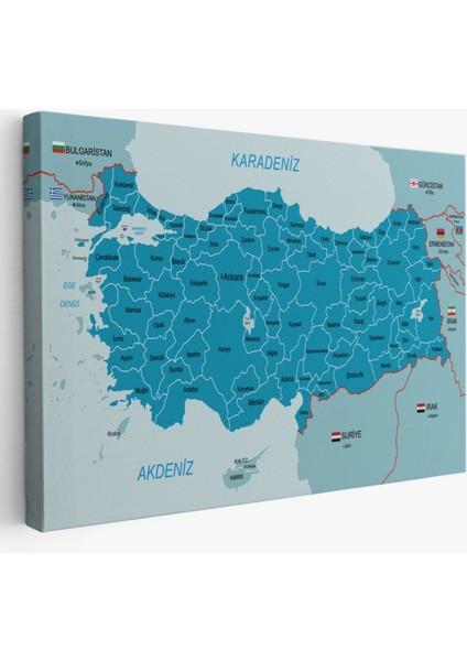 Eğitici Sınır Komşulu Türkiye Haritası, Harita Dekoratif Kanvas Tablo, Duvar Dekoru 3087