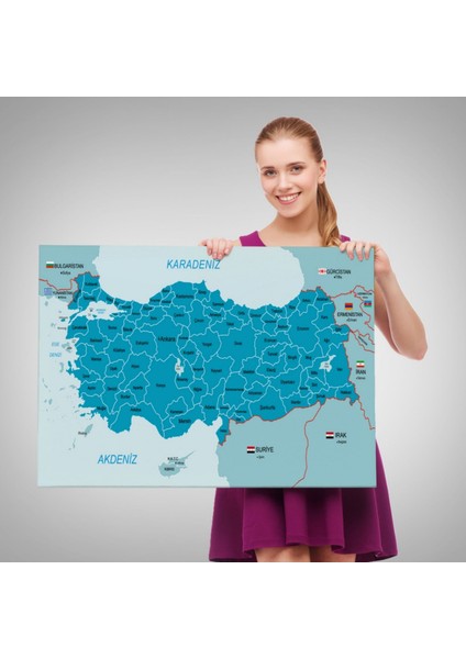 Eğitici Sınır Komşulu Türkiye Haritası, Harita Dekoratif Kanvas Tablo, Duvar Dekoru 3087