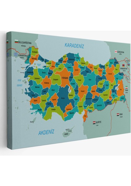 Eğitici Sınır Komşulu Türkiye Haritası, Harita Dekoratif Kanvas Tablo, Duvar Dekoru 3099