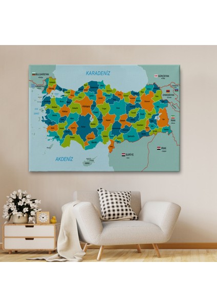 Eğitici Sınır Komşulu Türkiye Haritası, Harita Dekoratif Kanvas Tablo, Duvar Dekoru 3099 fiyatları