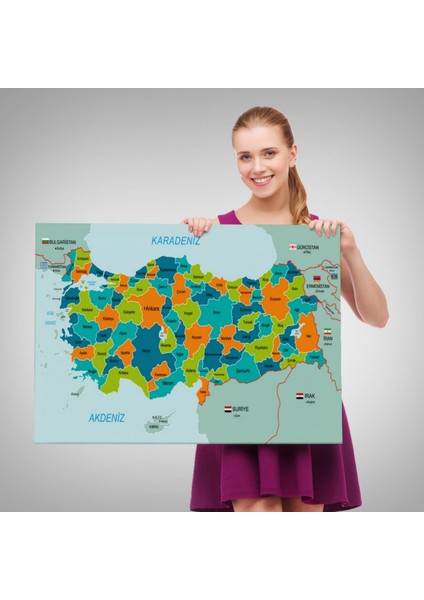 Eğitici Sınır Komşulu Türkiye Haritası, Harita Dekoratif Kanvas Tablo, Duvar Dekoru 3099