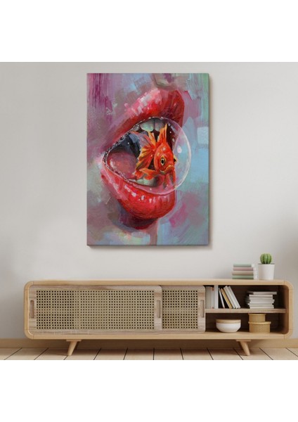 Japon Balığı ve Kırmızı Rujlu Dudak Dekoratif Kanvas Tablo, Duvar Dekoru 6293 modelleri