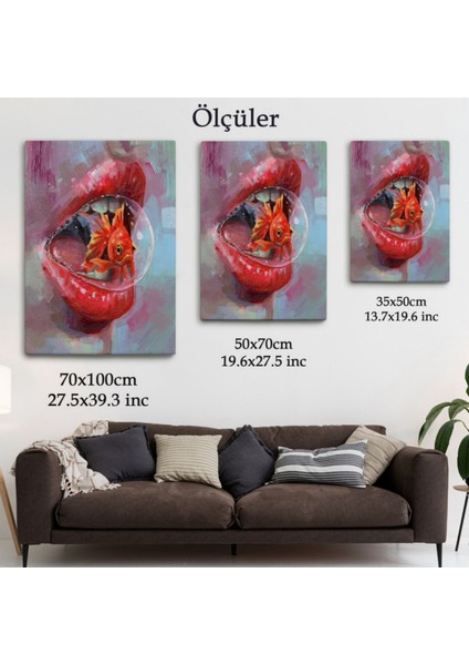 Japon Balığı ve Kırmızı Rujlu Dudak Dekoratif Kanvas Tablo, Duvar Dekoru 6293 fırsatları