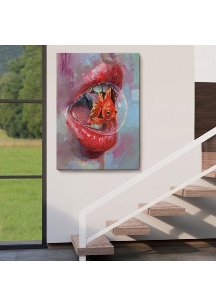 Japon Balığı ve Kırmızı Rujlu Dudak Dekoratif Kanvas Tablo, Duvar Dekoru 6293 indirimleri