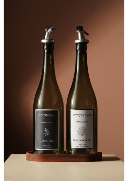 Ahşap Standlı 750 cc Cam Yağdanlık Seti, Damlatmaz, Zeytinyağı ve Sıvıyağ Şişesi