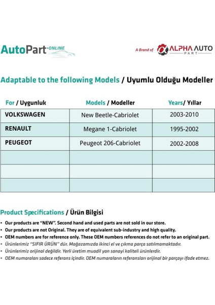 Renault Megane 1, Peugeot 206 için Sağ Arka Cam Kriko Plastiği - 2'li fiyatları