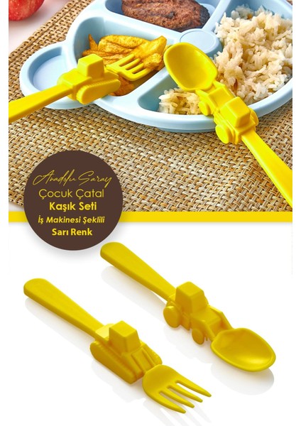 Renkli Çocuk Yemek Takımı, Figürlü Çatal ve Kaşık Seti, Sarı Neşeli Tasarım