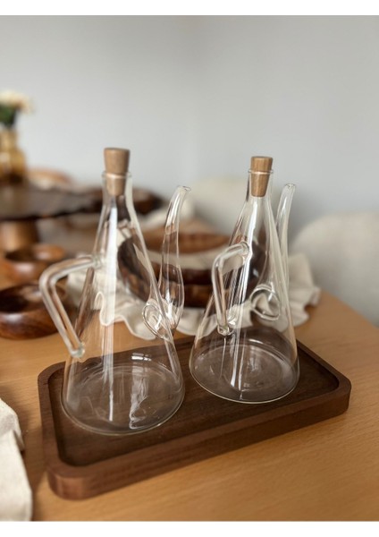 3 Parça Cam Yağdanlık Seti, 2X500 Ml, Ahşap Altlık, Kahverengi