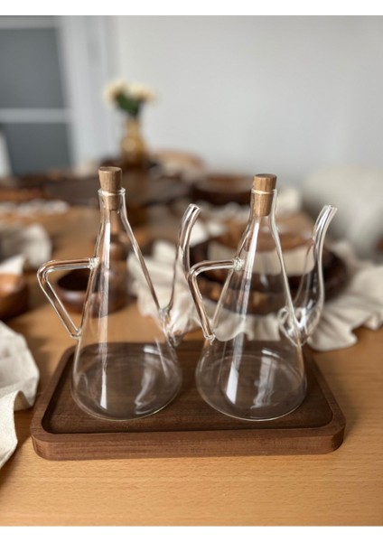 3 Parça Cam Yağdanlık Seti, 2X500 Ml, Ahşap Altlık, Kahverengi fiyatları