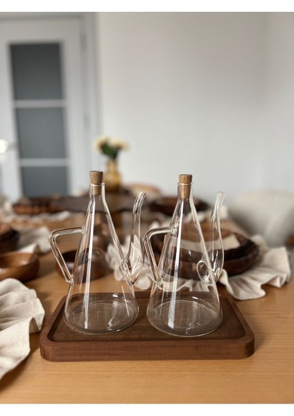 3 Parça Cam Yağdanlık Seti, 2X500 Ml, Ahşap Altlık, Kahverengi modelleri