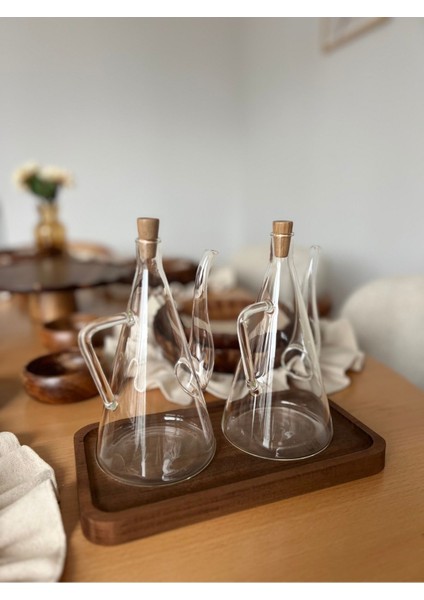 3 Parça Cam Yağdanlık Seti, 2X500 Ml, Ahşap Altlık, Kahverengi fırsatları