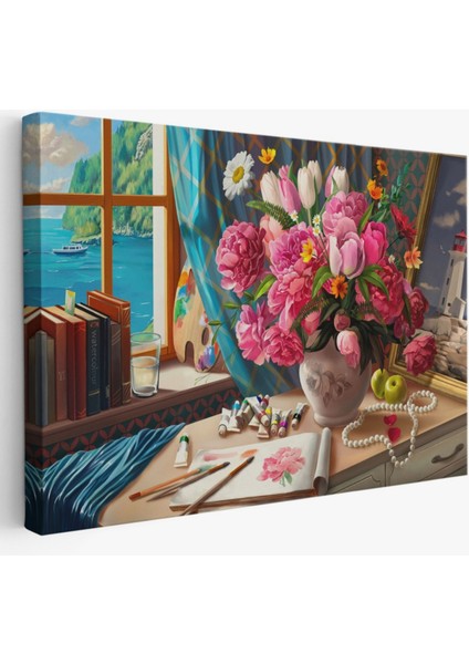 Deniz Manzaralı Çiçekli Oda Manzara Yağlıboya Görünüm Dekoratif Kanvas Tablo, Duvar Dekoru 3621