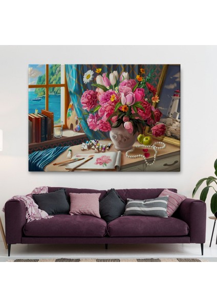 Deniz Manzaralı Çiçekli Oda Manzara Yağlıboya Görünüm Dekoratif Kanvas Tablo, Duvar Dekoru 3621 fiyatları