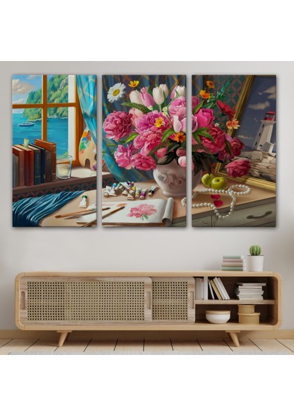 Deniz Manzaralı Çiçekli Oda Manzara Yağlıboya Görünüm Dekoratif Kanvas Tablo, Duvar Dekoru 3621 modelleri