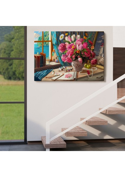 Deniz Manzaralı Çiçekli Oda Manzara Yağlıboya Görünüm Dekoratif Kanvas Tablo, Duvar Dekoru 3621 indirimleri