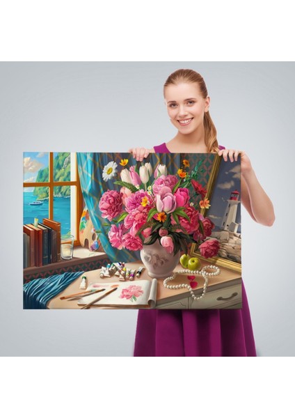 Deniz Manzaralı Çiçekli Oda Manzara Yağlıboya Görünüm Dekoratif Kanvas Tablo, Duvar Dekoru 3621