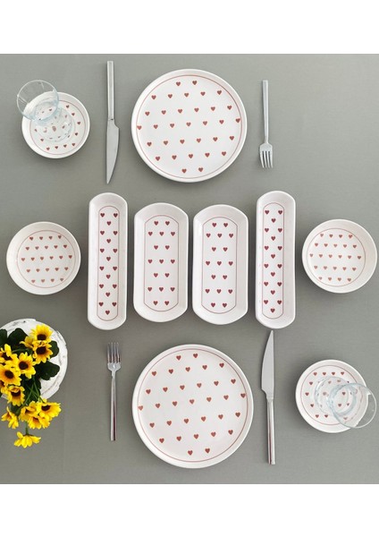 Kırmızı Kalp Desenli 2 Kişilik 10 Parçalık Kahvaltı Takımı
