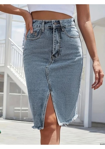 Kadın Elastik Bel Yırtık Kenar Detaylı Kot Etek