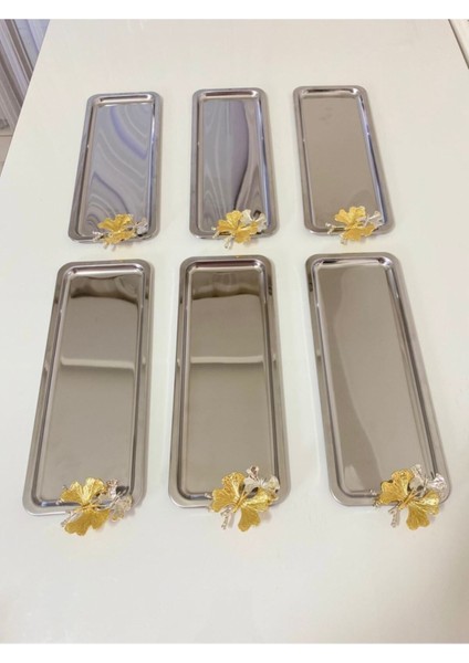 6'lı Paslanmaz Çelik Kelebekli Sunum Seti, Çay ve Kahve Ikramlarınız Için Şık Tepsi