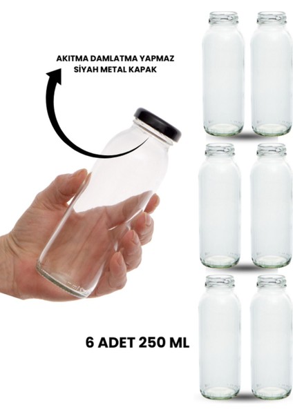6 Adet 250 ml Şeffaf Cam Şişe, Metal Kapaklı Meyve Suyu ve Limonata Şişesi
