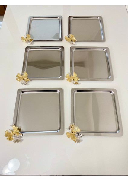 Paslanmaz Çelik 6’lı Kare Kelebekli Dekoratif Sunum Servis Tepsisi