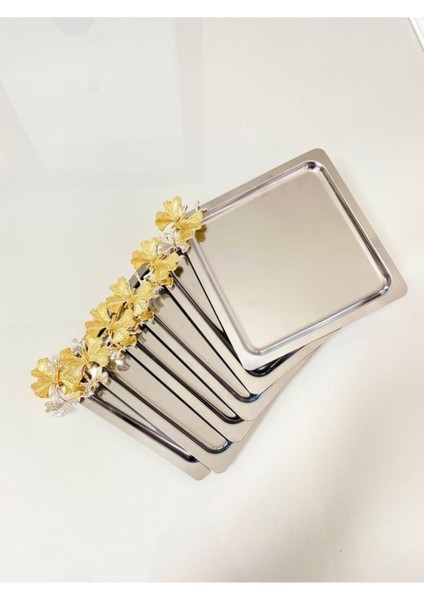 Paslanmaz Çelik 6’lı Kare Kelebekli Dekoratif Sunum Servis Tepsisi fiyatları