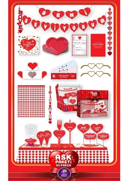 Kırmızı 50 Parça Romantik Aşk Seti, Gecelere Özel Dekor ve Süsleme Paket modelleri