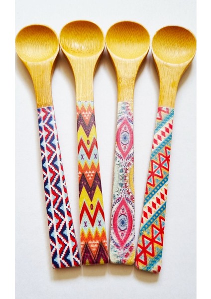 4'lü Ahşap Desenli Yuvarlak Ağızlı Dondurma ve Ölçü Kaşığı, 16CM, Kahverengi