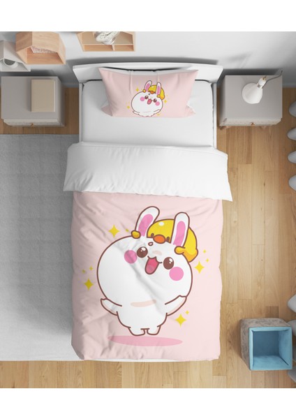 Sevimli Tavşan 3D Dijital Baskılı Tek Kişilik Kız Çocuk Genç Çarşafsız Nevresim Takımı
