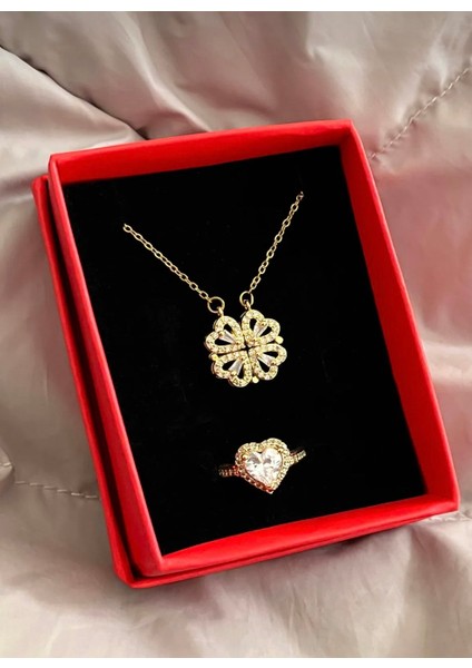 Gold Kalpli Açılır Yonca Çelik Kolye Kalpli Ayarlanabilir Yüzük Özel Kutusunda