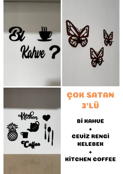 Şık 9 Parça Mutfak Seti, Kahve ve Kelebek Duvar Dekoru 3'lü Paket Siyah