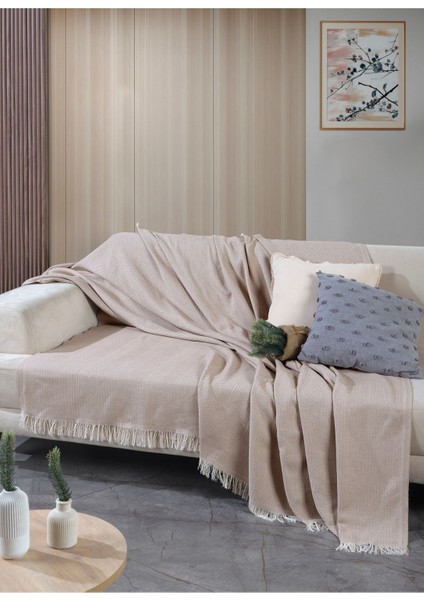 Bej Pamuklu Önden Saçaklı 170X210 Koltuk Örtüsü