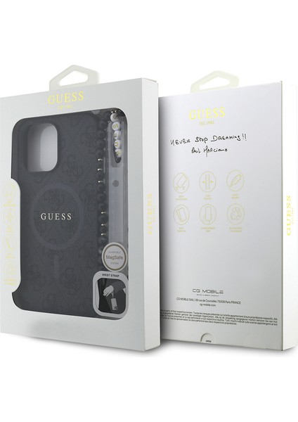 iPhone 13 Pro Max Uyumlu Kılıf Guess Lisanslı M-Safe Uyumlu Bilek Askı Ipli Yazı Logolu Kapak Siyah