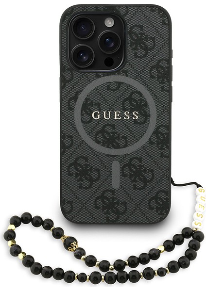 iPhone 15 Pro Uyumlu Kılıf Guess Lisanslı M-Safe Uyumlu Bilek Askı Ipli Yazı Logolu Kapak Siyah
