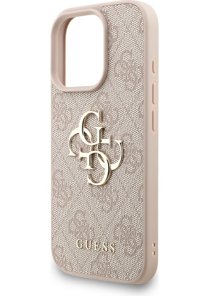 iPhone 16 Pro Max Uyumlu Kılıf Guess Lisanslı Bilek Askı Ipli Metal 4g ve Yazı Logolu Kapak Pembe