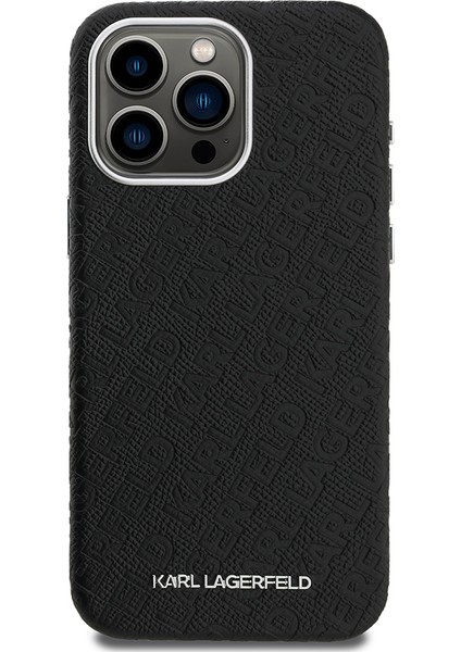 iPhone 15 Pro Max Uyumlu Kılıf Karl Lagerfeld Lisanslı Pu Deri Damgalı Metal Yazı Logolu Kapak Siyah modelleri