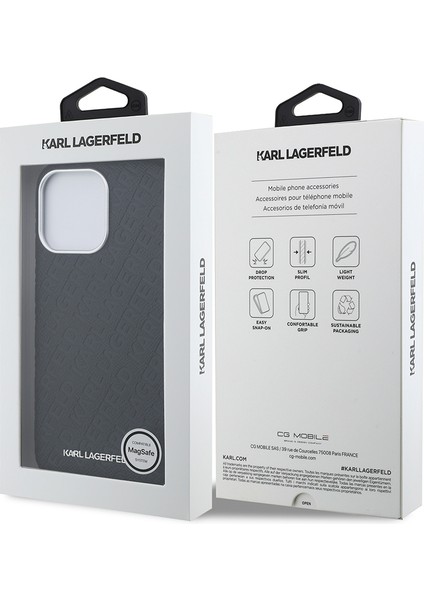 iPhone 15 Pro Max Uyumlu Kılıf Karl Lagerfeld Lisanslı Pu Deri Damgalı Metal Yazı Logolu Kapak Siyah