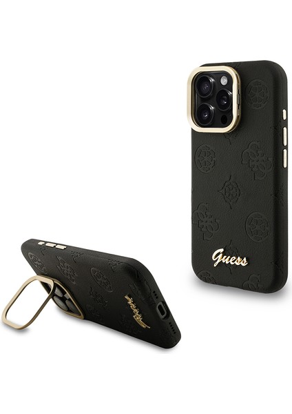 iPhone 15 Pro Max Uyumlu Kılıf Guess Lisanslı M-Safe Şarj Özellikli Kamera Standlı Peony Kapak Siyah