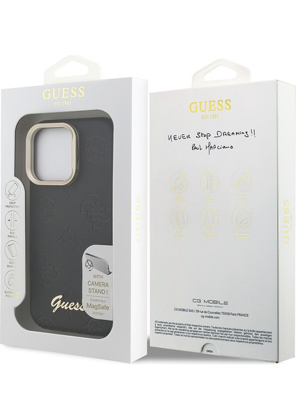 iPhone 15 Pro Max Uyumlu Kılıf Guess Lisanslı M-Safe Şarj Özellikli Kamera Standlı Peony Kapak Siyah